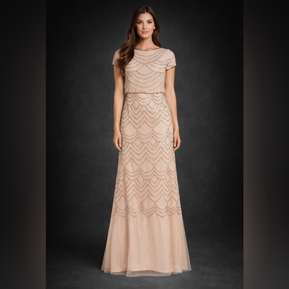 Adrianna Papell Blush Nude Beaded Mesh Gown Short Sleeve Formal Dress Size 2 MOB